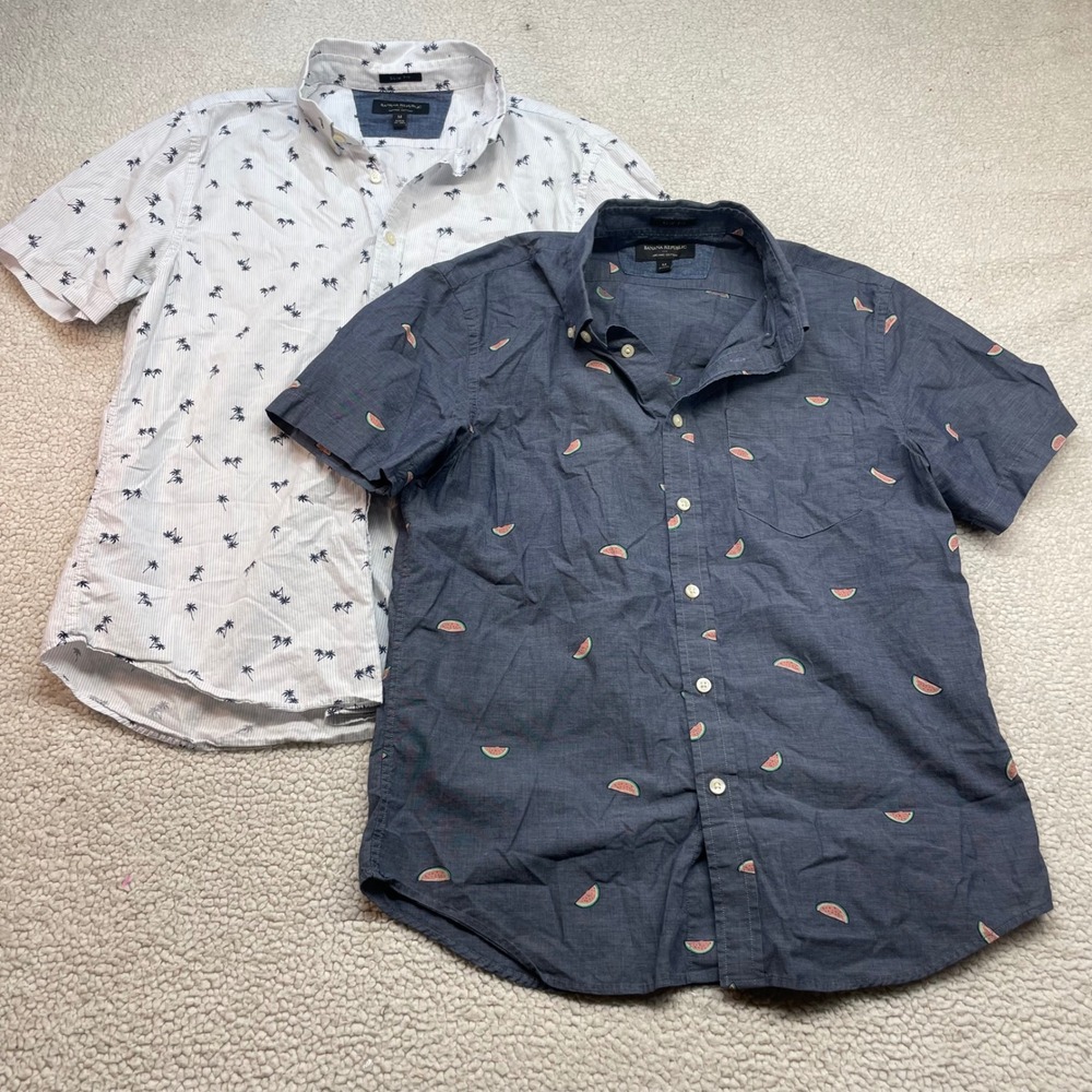 Banana Republic Button Up Men M Multi Slim Fit Organic Cotton Palm Watermelon 2P